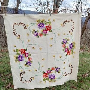 Handmade Cottagecore‎ EmbroideryTablecloth Dated 1968 50" Square Mid Century 60s